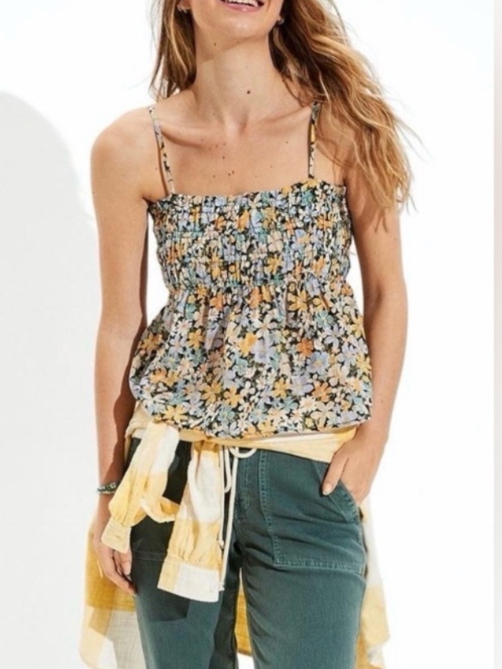 American Eagle Outfitters Yellow Blue Floral Smocked Shirred Cami Top M Medium